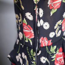 Load image into Gallery viewer, 40s ROSE AND BIRD PRINT BLACK RAYON PEPLUM TEA DRESS - M