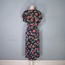 Load image into Gallery viewer, 40s ROSE AND BIRD PRINT BLACK RAYON PEPLUM TEA DRESS - M