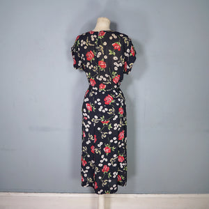 40s ROSE AND BIRD PRINT BLACK RAYON PEPLUM TEA DRESS - M