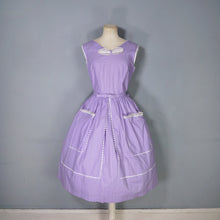 Load image into Gallery viewer, 50s LAVENDER PURPLE AND WHITE SPOT PRINT DRESS WITH POCKET AND BOW - S