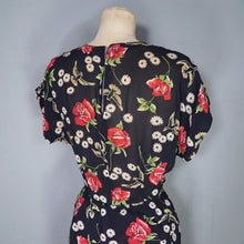 Load image into Gallery viewer, 40s ROSE AND BIRD PRINT BLACK RAYON PEPLUM TEA DRESS - M