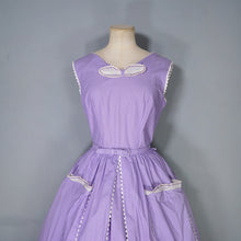 Load image into Gallery viewer, 50s LAVENDER PURPLE AND WHITE SPOT PRINT DRESS WITH POCKET AND BOW - S