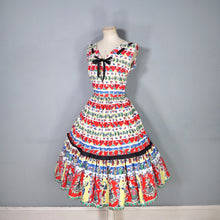 Load image into Gallery viewer, 50s "DOWNS" COLOURFUL RED WINE BOTTLES AND DRINKERS NOVELTY PRINT DRESS - S