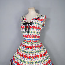 Load image into Gallery viewer, 50s "DOWNS" COLOURFUL RED WINE BOTTLES AND DRINKERS NOVELTY PRINT DRESS - S