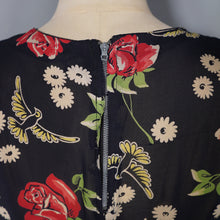 Load image into Gallery viewer, 40s ROSE AND BIRD PRINT BLACK RAYON PEPLUM TEA DRESS - M