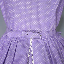 Load image into Gallery viewer, 50s LAVENDER PURPLE AND WHITE SPOT PRINT DRESS WITH POCKET AND BOW - S