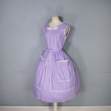 Load image into Gallery viewer, 50s LAVENDER PURPLE AND WHITE SPOT PRINT DRESS WITH POCKET AND BOW - S