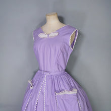 Load image into Gallery viewer, 50s LAVENDER PURPLE AND WHITE SPOT PRINT DRESS WITH POCKET AND BOW - S
