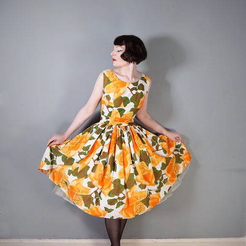 50s 60s ORANGE BIG ROSE FLORAL PRINT FULL SKIRTED COTTON DRESS - S