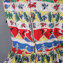 Load image into Gallery viewer, 50s "DOWNS" COLOURFUL RED WINE BOTTLES AND DRINKERS NOVELTY PRINT DRESS - S