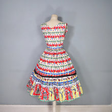 Load image into Gallery viewer, 50s "DOWNS" COLOURFUL RED WINE BOTTLES AND DRINKERS NOVELTY PRINT DRESS - S