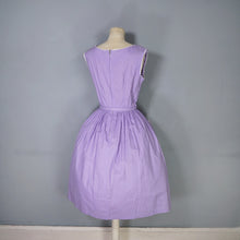 Load image into Gallery viewer, 50s LAVENDER PURPLE AND WHITE SPOT PRINT DRESS WITH POCKET AND BOW - S