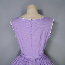 Load image into Gallery viewer, 50s LAVENDER PURPLE AND WHITE SPOT PRINT DRESS WITH POCKET AND BOW - S