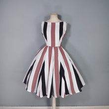 Load image into Gallery viewer, 60s BOLD BROWN, BLACK AND WHITE STRIPE FLIPPY FULL SKIRTED DRESS - S