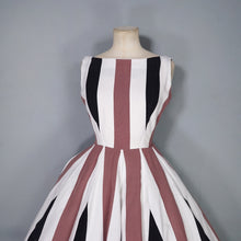 Load image into Gallery viewer, 60s BOLD BROWN, BLACK AND WHITE STRIPE FLIPPY FULL SKIRTED DRESS - S
