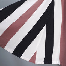 Load image into Gallery viewer, 60s BOLD BROWN, BLACK AND WHITE STRIPE FLIPPY FULL SKIRTED DRESS - S
