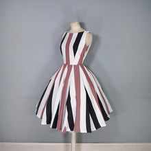 Load image into Gallery viewer, 60s BOLD BROWN, BLACK AND WHITE STRIPE FLIPPY FULL SKIRTED DRESS - S