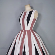 Load image into Gallery viewer, 60s BOLD BROWN, BLACK AND WHITE STRIPE FLIPPY FULL SKIRTED DRESS - S
