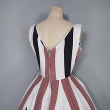 Load image into Gallery viewer, 60s BOLD BROWN, BLACK AND WHITE STRIPE FLIPPY FULL SKIRTED DRESS - S