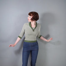 Load image into Gallery viewer, 60s BELLMANS KNITWEAR GREEN AND WHITE STRIPED FITTED JUMPER TOP - XS