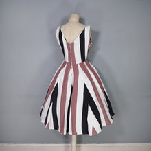 Load image into Gallery viewer, 60s BOLD BROWN, BLACK AND WHITE STRIPE FLIPPY FULL SKIRTED DRESS - S