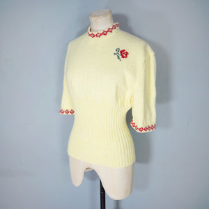 40s style HANDKNITTED YELLOW ROSE FLORAL PATTERN JUMPER TOP - volup / xl