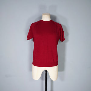 60s SUPER FINE SOFT KNIT DARK RED SHORT SLEEVE JUMPER - M-L