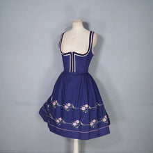 Load image into Gallery viewer, 70s BLUE TRACHTEN DIRNDL DRESS WITH PINK FLORAL EMBROIDERY - S