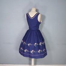 Load image into Gallery viewer, 70s BLUE TRACHTEN DIRNDL DRESS WITH PINK FLORAL EMBROIDERY - S