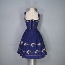 Load image into Gallery viewer, 70s BLUE TRACHTEN DIRNDL DRESS WITH PINK FLORAL EMBROIDERY - S