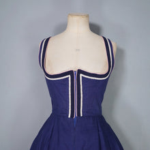 Load image into Gallery viewer, 70s BLUE TRACHTEN DIRNDL DRESS WITH PINK FLORAL EMBROIDERY - S