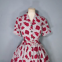 Load image into Gallery viewer, 40s 50s GREY AND BURGUNDY ARTIFACT PRINT BELTED SHIRT DRESS - S