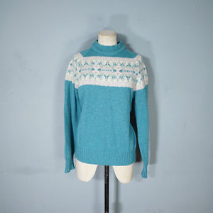 80s PITLOCHRY SHETLAND LIGHT TEAL WOOL FAIRISLE JUMPER - M