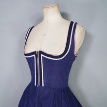 Load image into Gallery viewer, 70s BLUE TRACHTEN DIRNDL DRESS WITH PINK FLORAL EMBROIDERY - S
