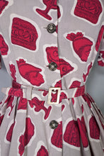 Load image into Gallery viewer, 40s 50s GREY AND BURGUNDY ARTIFACT PRINT BELTED SHIRT DRESS - S
