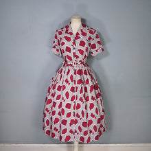 Load image into Gallery viewer, 40s 50s GREY AND BURGUNDY ARTIFACT PRINT BELTED SHIRT DRESS - S