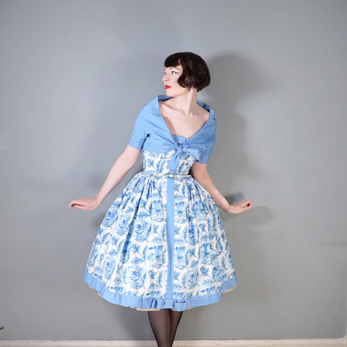 50s BLUE HORROCKSES FASHIONS FLORAL 3 piece DRESS AND MATCHING BOLERO - XS