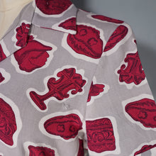 Load image into Gallery viewer, 40s 50s GREY AND BURGUNDY ARTIFACT PRINT BELTED SHIRT DRESS - S