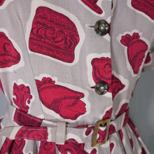 Load image into Gallery viewer, 40s 50s GREY AND BURGUNDY ARTIFACT PRINT BELTED SHIRT DRESS - S