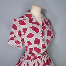 Load image into Gallery viewer, 40s 50s GREY AND BURGUNDY ARTIFACT PRINT BELTED SHIRT DRESS - S