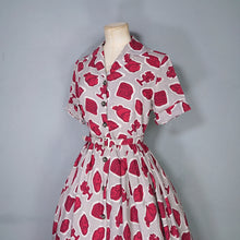 Load image into Gallery viewer, 40s 50s GREY AND BURGUNDY ARTIFACT PRINT BELTED SHIRT DRESS - S