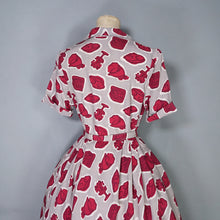 Load image into Gallery viewer, 40s 50s GREY AND BURGUNDY ARTIFACT PRINT BELTED SHIRT DRESS - S
