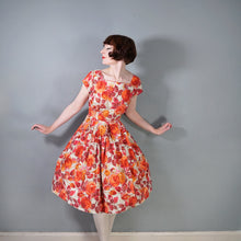 Load image into Gallery viewer, 50s BIG ORANGE ROSE PRINT FULL SKIRT COTTON DRESS - S-M