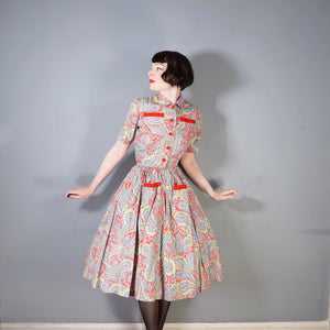 EARLY 50s BRIGHT GREEN AND RED PAISLEY PRINT SUN DRESS AND BOLERO - XS