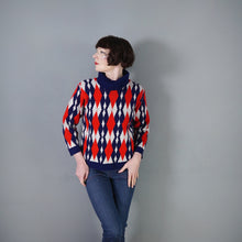 Load image into Gallery viewer, 60s STANLEY HENWOOD BLUE RED AND WHITE DIAMOND PATTERN ROLL NECK JUMPER - S-M