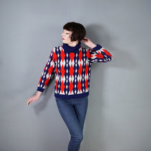 Load image into Gallery viewer, 60s STANLEY HENWOOD BLUE RED AND WHITE DIAMOND PATTERN ROLL NECK JUMPER - S-M