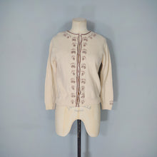 Load image into Gallery viewer, 50s 60s BEIGE AND BROWN 3D CHERRY PATTERN WOOL CARDIGAN - S