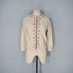 50s 60s BEIGE AND BROWN 3D CHERRY PATTERN WOOL CARDIGAN - S