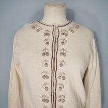 Load image into Gallery viewer, 50s 60s BEIGE AND BROWN 3D CHERRY PATTERN WOOL CARDIGAN - S