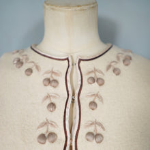 Load image into Gallery viewer, 50s 60s BEIGE AND BROWN 3D CHERRY PATTERN WOOL CARDIGAN - S